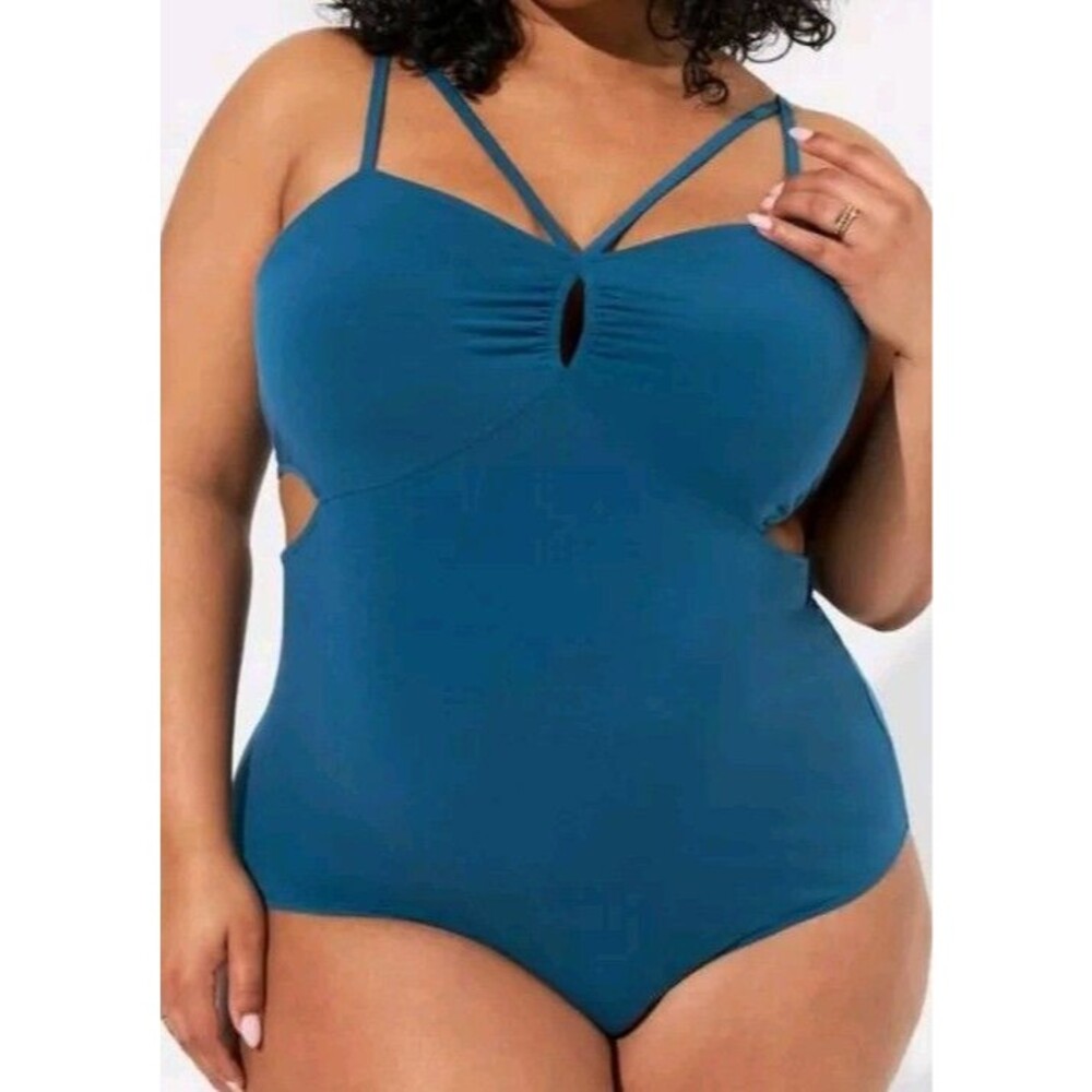 0, L, 12 Studio Knit Sweetheart Strappy Cut Out Bodysuit Legion Blue